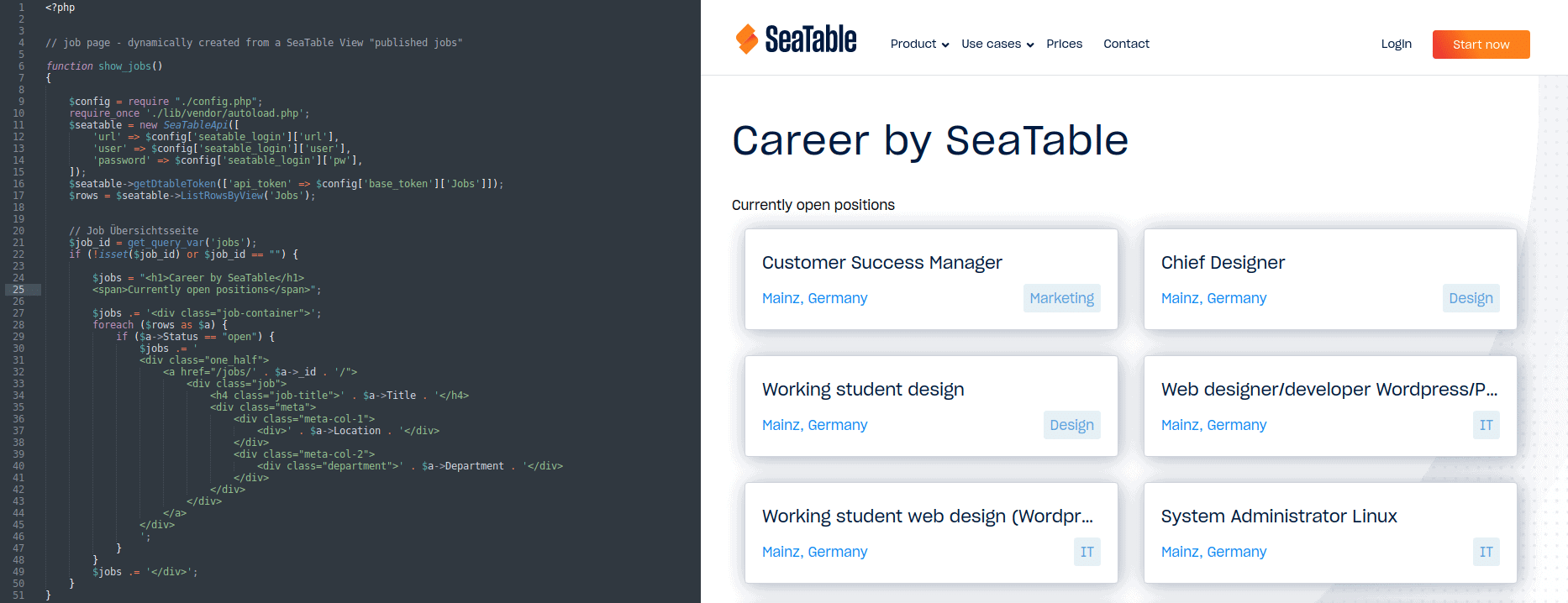 Page d'emploi créée avec l'API SeaTable