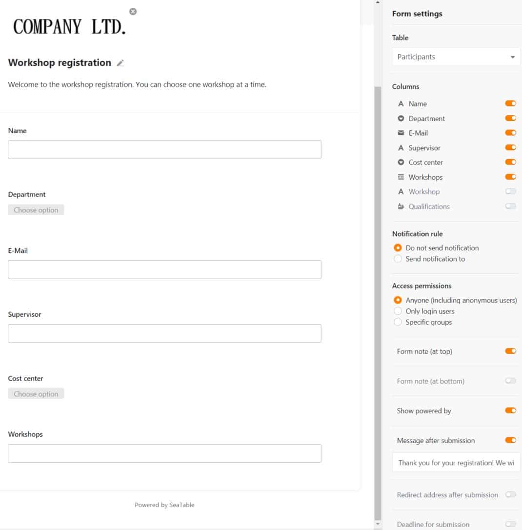 Uncomplicated registration with the SeaTable web form