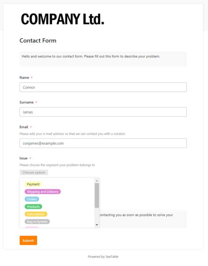 El formulario de contacto se compone de las columnas que usted crea