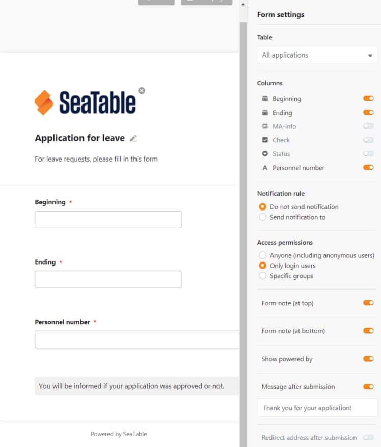 Propre demande de congé avec le formulaire web de SeaTable